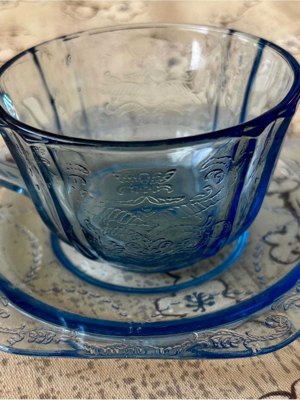 Vintage Indiana Glass Madrid Patten Depression Blue Tea Cup and Saucer Set